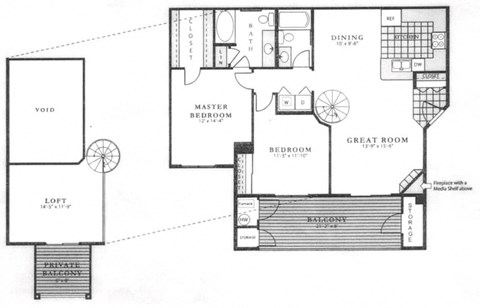 The Devonshire Loft Floor Plan; A two bedroom, two bathroom apartment floor plan at Fox Run Lofts in Englewood, Colorado